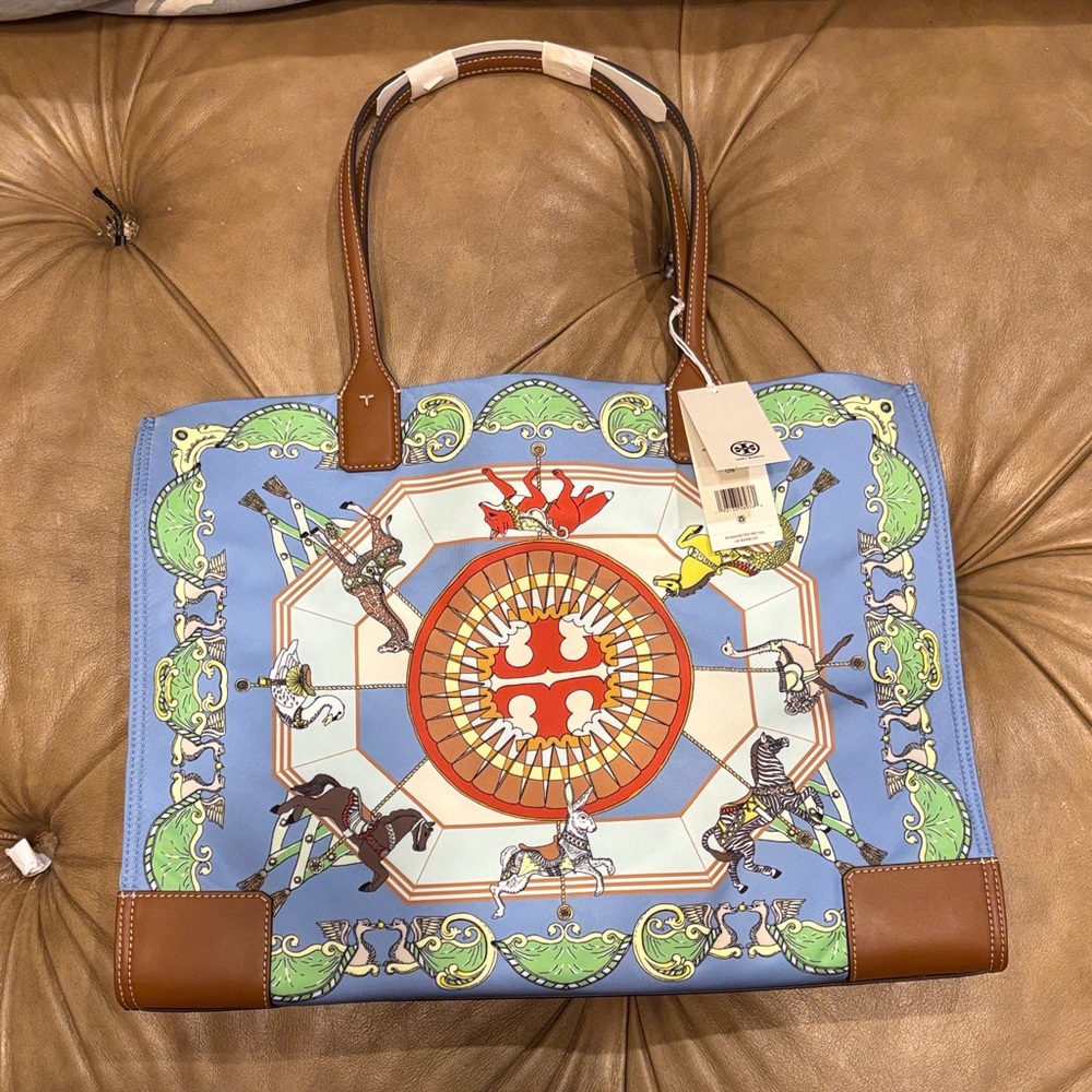 Tory Burch Blue and Brown Graphic Ella Tote